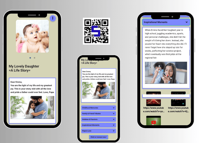 Image of three mobile screens showing the life story with life tags QR Codes