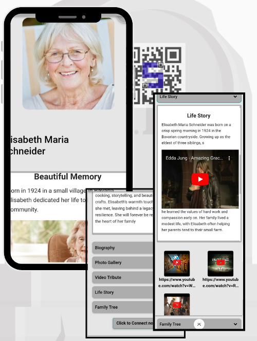 Image of different mobile screens showing content after scanning Lifetags QR Codes
