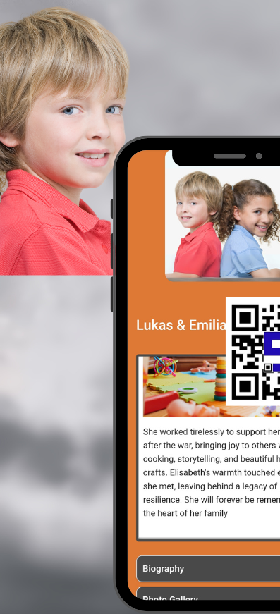 Image of two children and mobile showing their life memories with Lifetags memory QR Codes