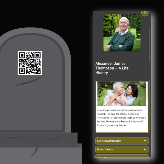 Image of Grave stone and mobile screen with Lifetags QR Code