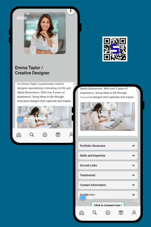 Image of two mobile screens showing the portfolio made with Liftags QR Codes