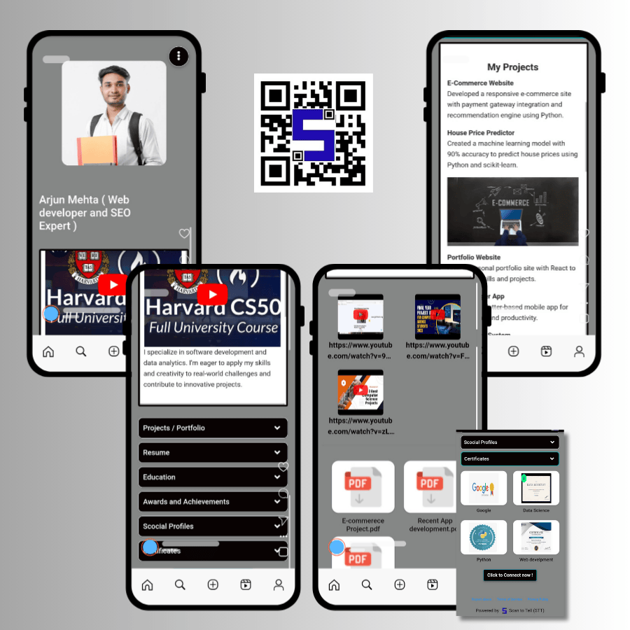 Images of different mobile screens showing a student portfolio after scanning personal QR Code