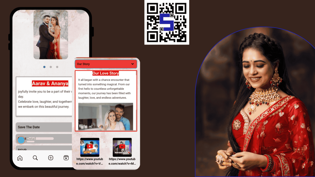 The image of an Indian Bride with Life Tags QR Codes showing on mobile after scan the wedding plan
