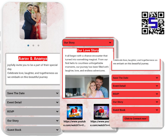 Image of three mobile screens showing a wedding invitation after Liftags wedding QR Code scan