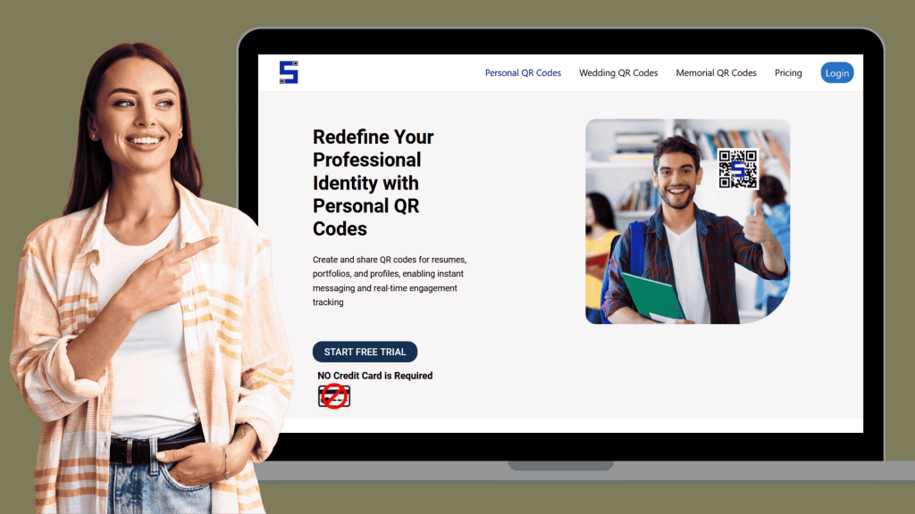 Image if a woman pointing towards a laptop screen showing lifetags QR Code website