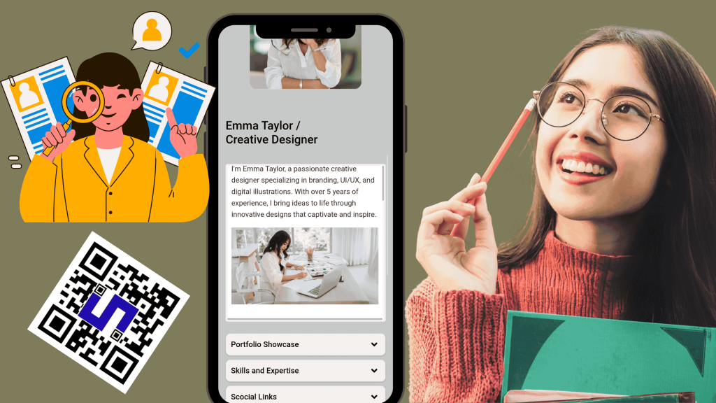 Image of a girl student, Liftags generated Personal QR Code and a mobile with screen display after scan