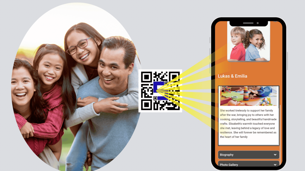 Image of a family with Lifetag memorial QR Code telling their story on mobile phine