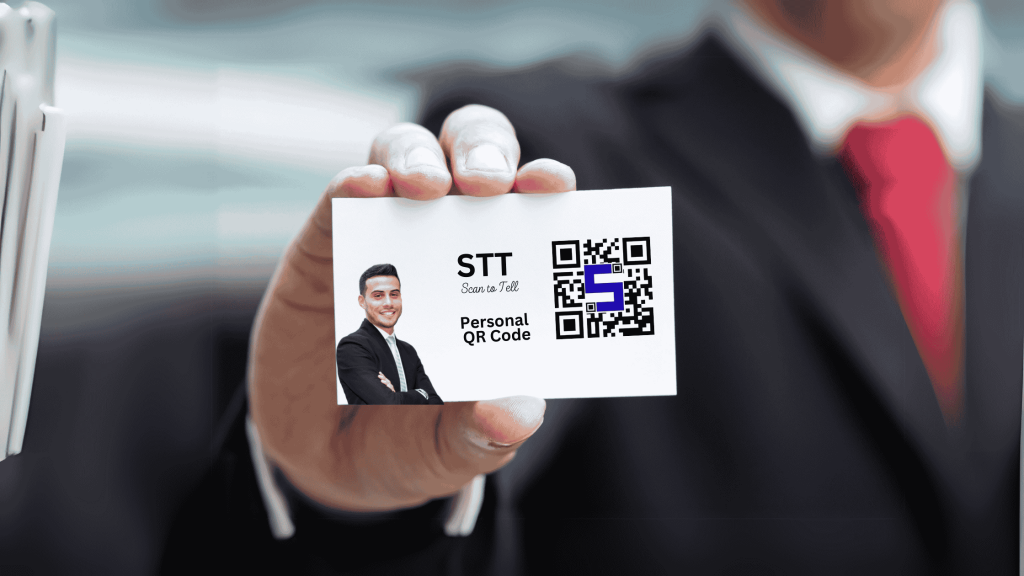 Image of a mam holding the business card with lifetags Personal QR Code