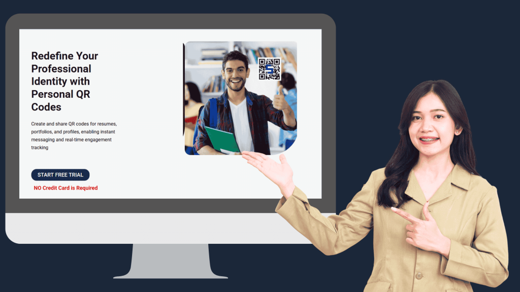 Image of a professional lady pointing towards computer screen showing lifetags personal qr codes