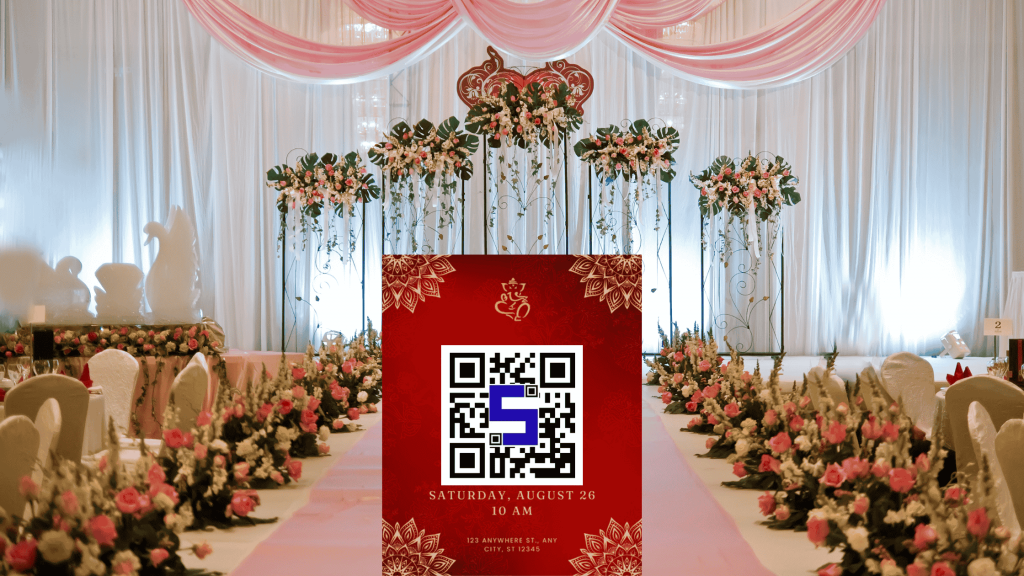 Image of an indian wedding Hall and invitation card with Lifetags QR Code