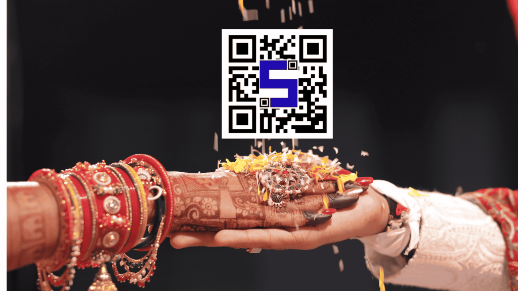 Image of wedding couple hand with Lifetags Wedding QR Code invitation