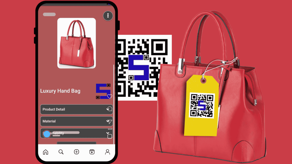 Luxury lady hand bag with a mobile screen shot and Lfetags QR Code