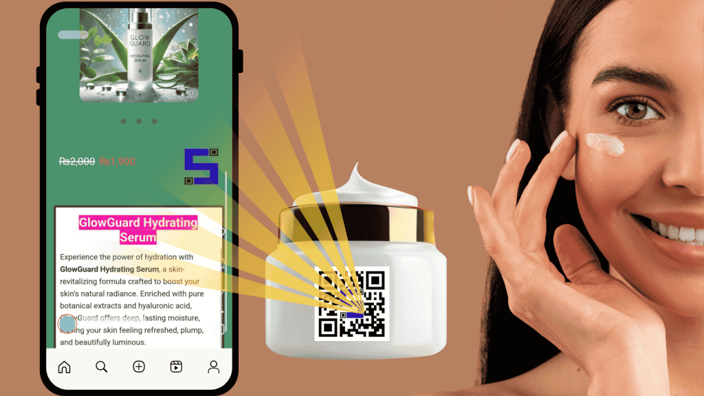 Face cream, a woman and mobile screen showing face cream details