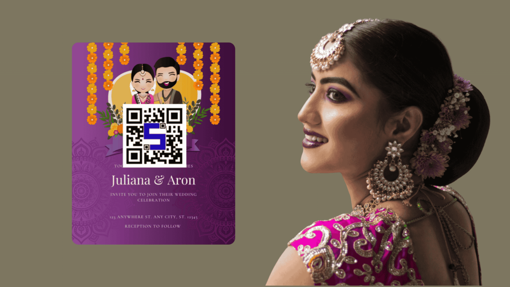 a woman in a pink dress and wedding card with wedding qr code