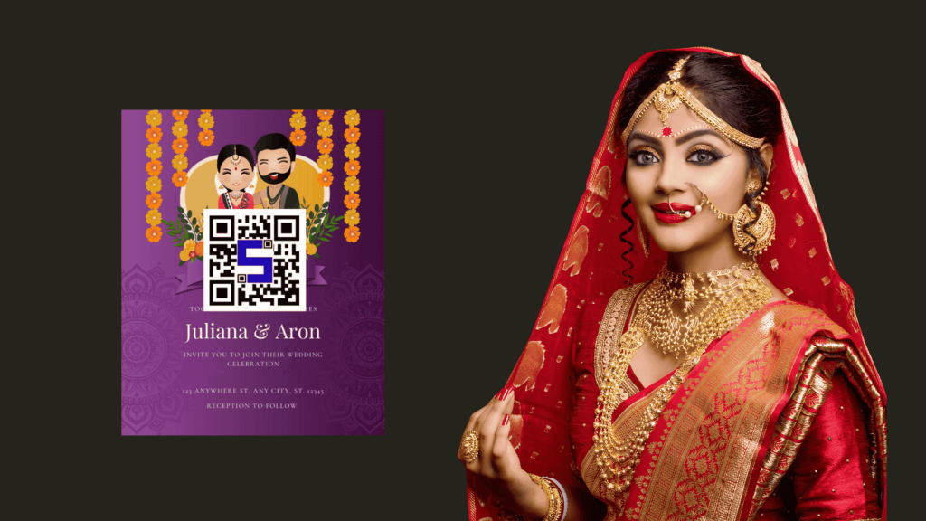 a woman in a red dress and gold jewelry with Lifetags Wedding Qr Code invitation