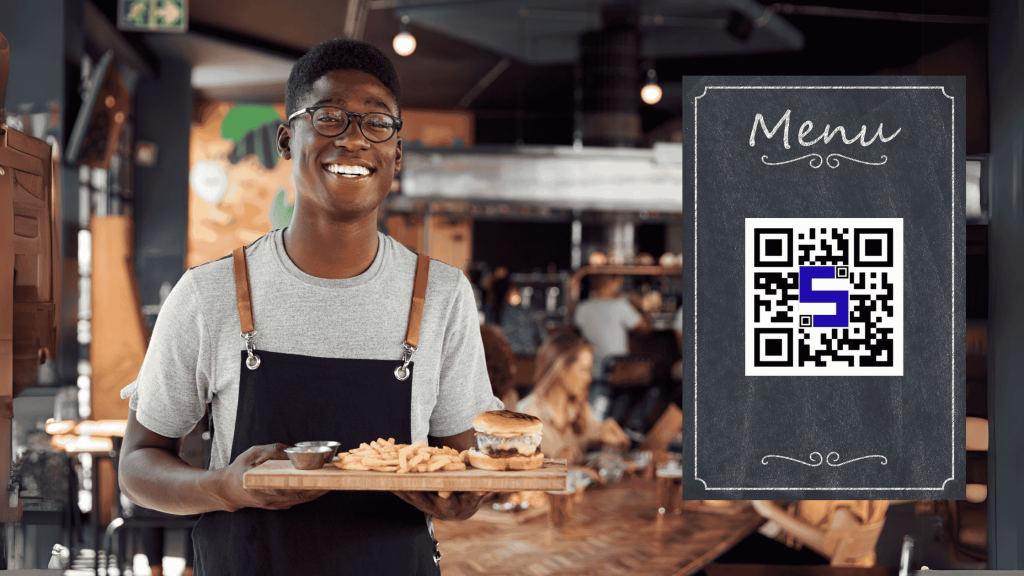 a man holding a tray of food with lifetag QR Code